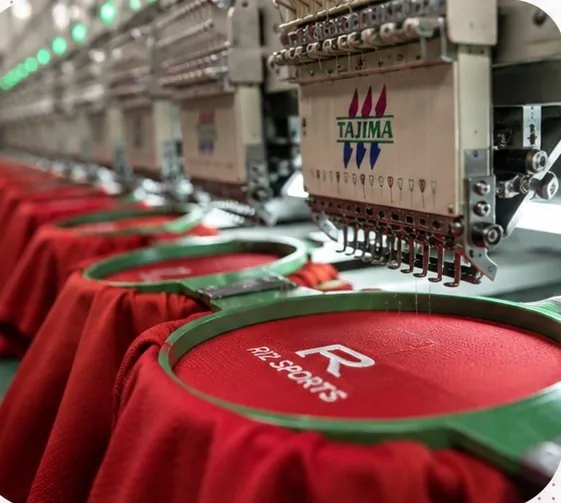 Industrial embroidery machines stitching Riz Sports branding on red sportswear fabric